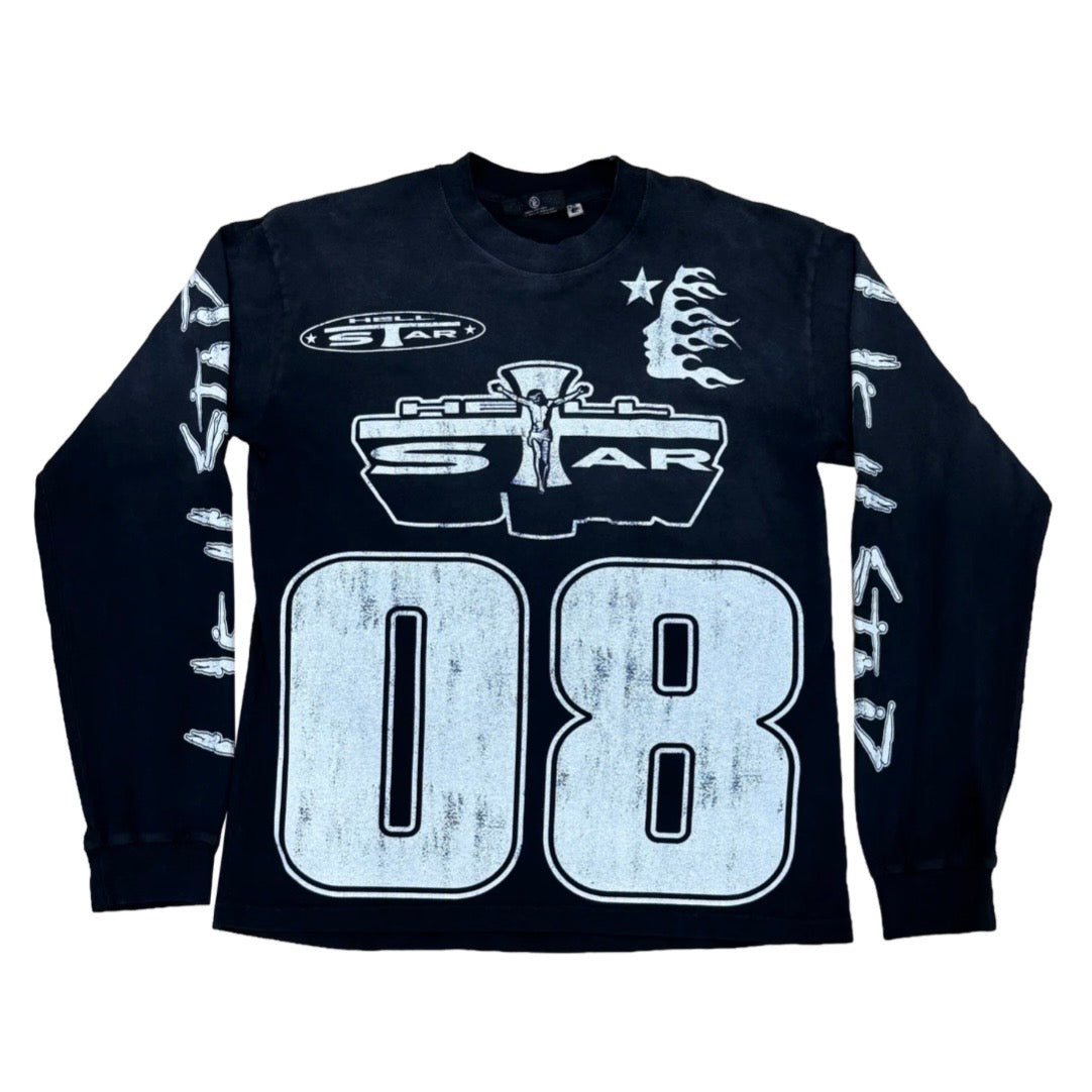 Hellstar Black 08' Long Sleeve front with cracked white 08 numerals and an oval logo badge