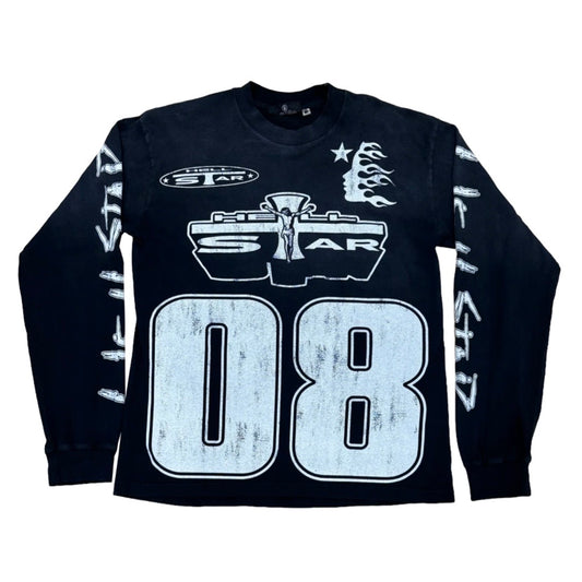 Hellstar Black 08' Long Sleeve front with cracked white 08 numerals and an oval logo badge