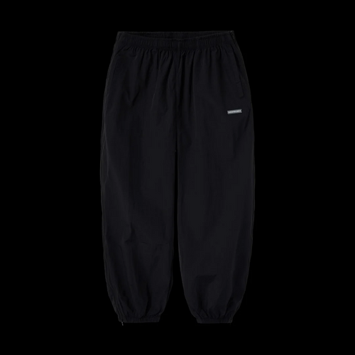 GV Gallery Everyday Sweatpants, black twill pants with elastic cuffs and a grey rubber Raspberry patch on the thigh