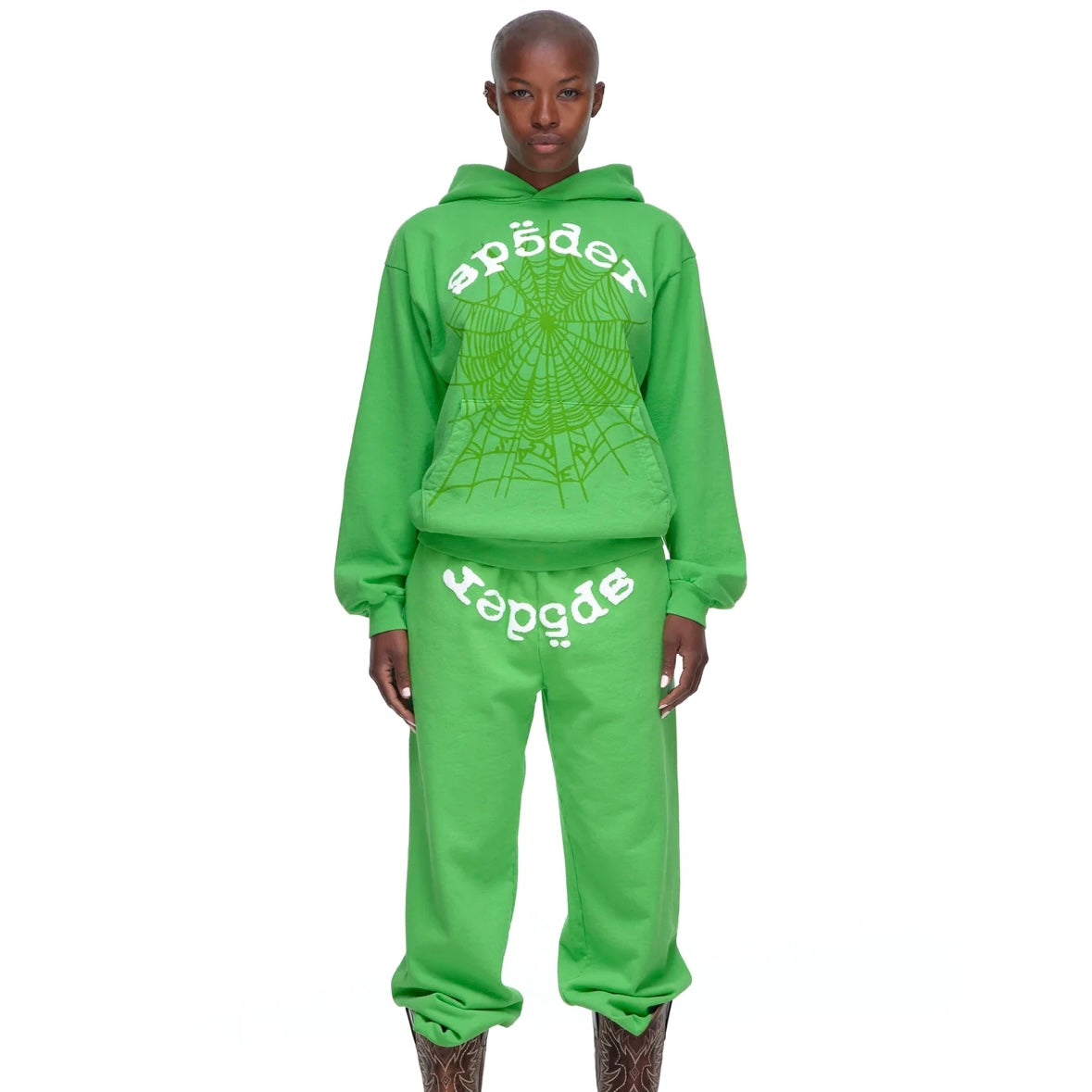 Sp5der Green White Legacy Hoodie On Body Front Full Suit