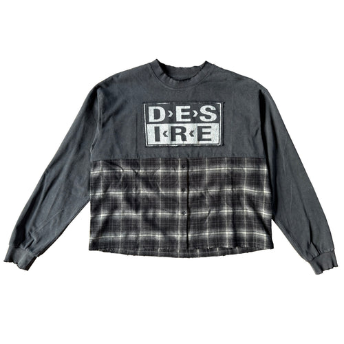 Bottega Desires Hybrid Flannel Long Sleeve, half black jersey with boxed white DESIRE letters, half grey plaid flannel with ribbed cuffs