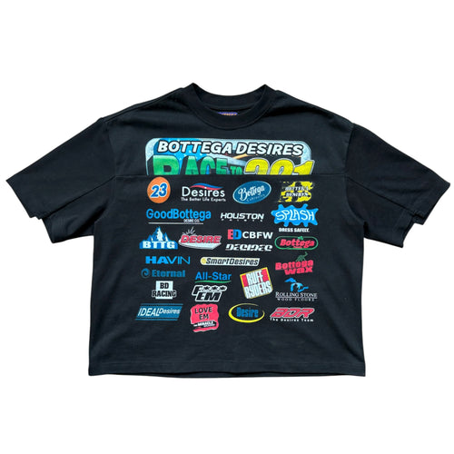 Bottega Desires Black Race Nascar T-Shirt, black tee covered in colorful racing sponsor logos under an arched name banner