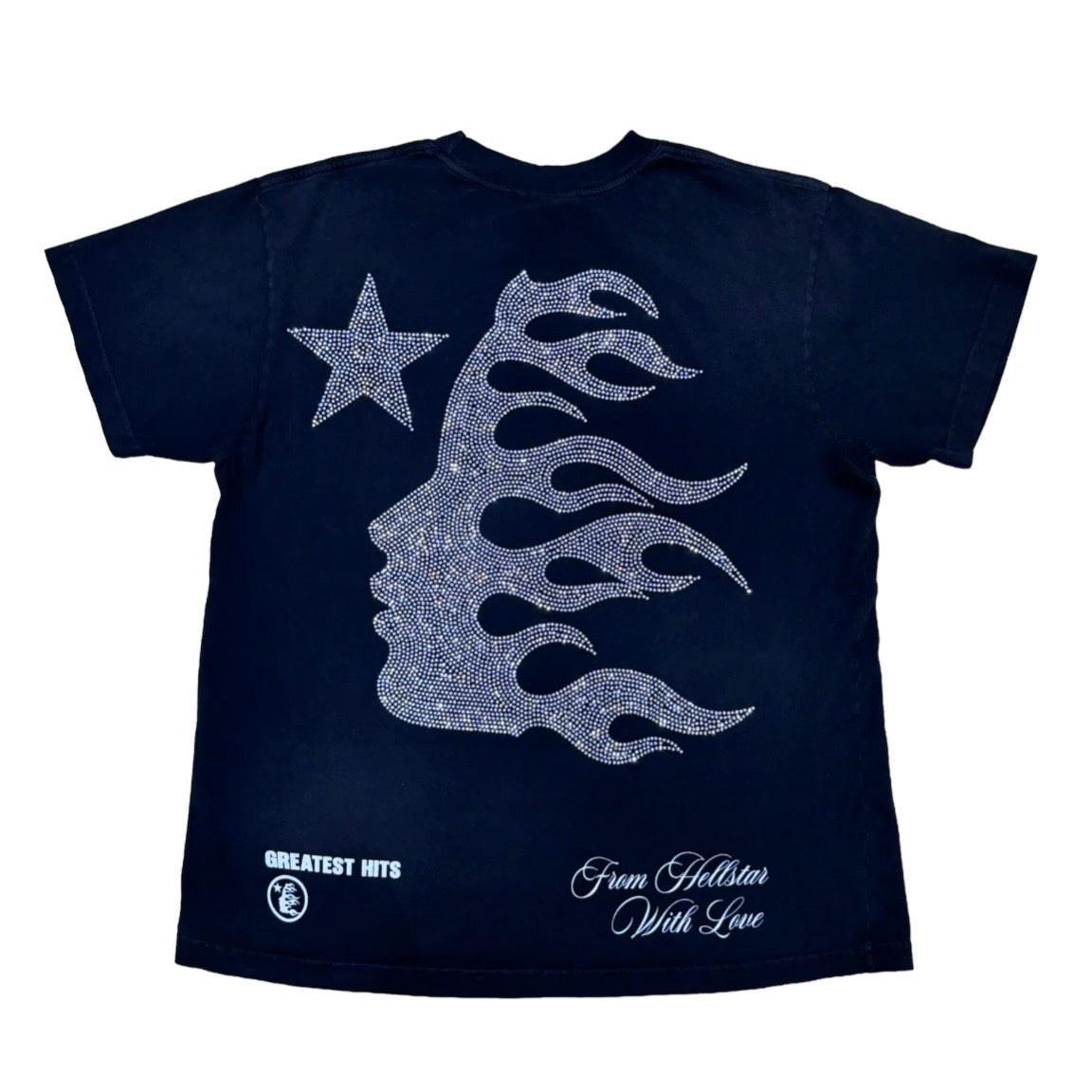 Hellstar Black Rodman Tee back with a dotted flame face, Greatest Hits and script sign-off