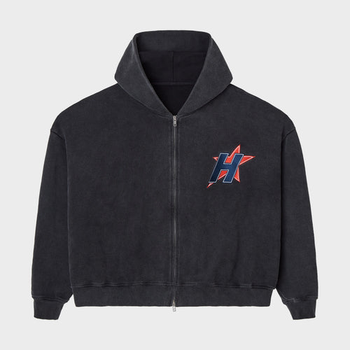 HMDD Black H-Star Zip Hoodie, faded black zip hoodie with the embroidered navy H and red star on the chest
