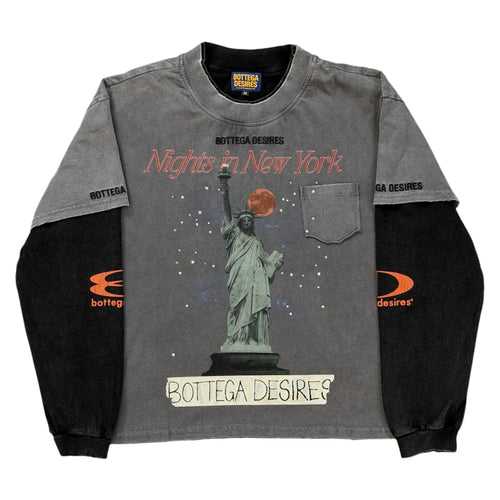 Bottega Desires Nights in NY Layered Long Sleeve, washed grey top with black sleeves, a Statue of Liberty print and chest patch pocket