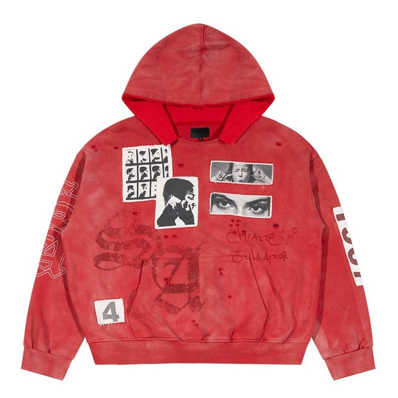 Stile De Amor Rosso Hoodie, faded red hoodie with black and white photo patches, a 4 patch and tonal SDA monogram