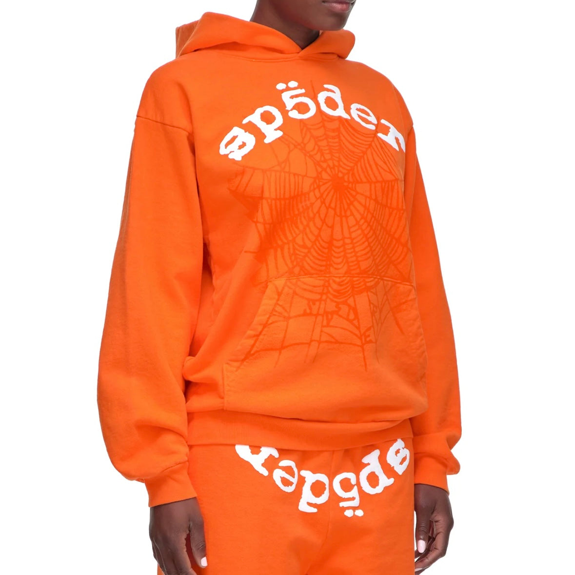 Sp5der Orange White Legacy Hoodie On Body Front Right Female