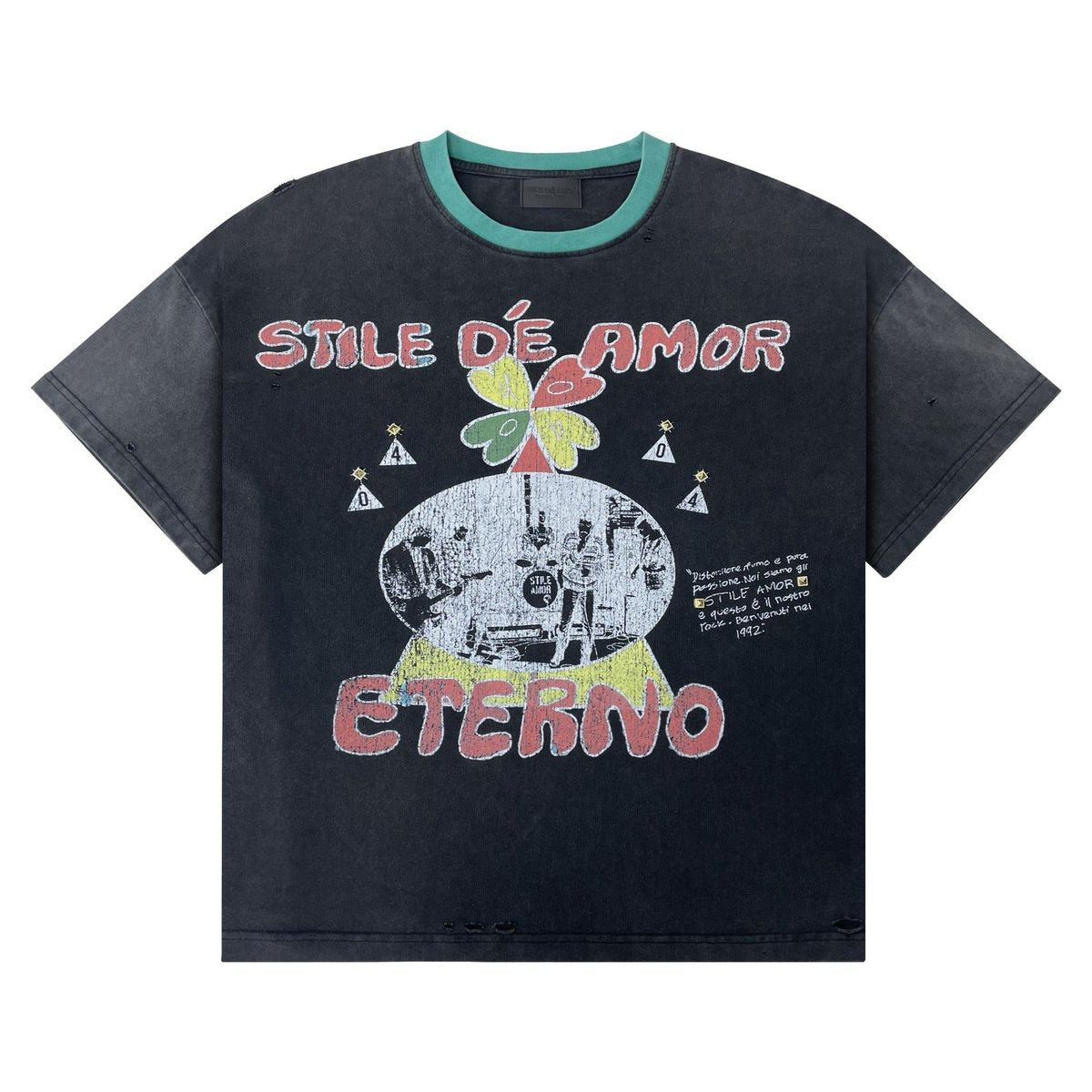 Stile De Amor Clover T-Shirt, washed black tee with teal collar, red Stile De Amor and Eterno lettering around a clover and photo graphic