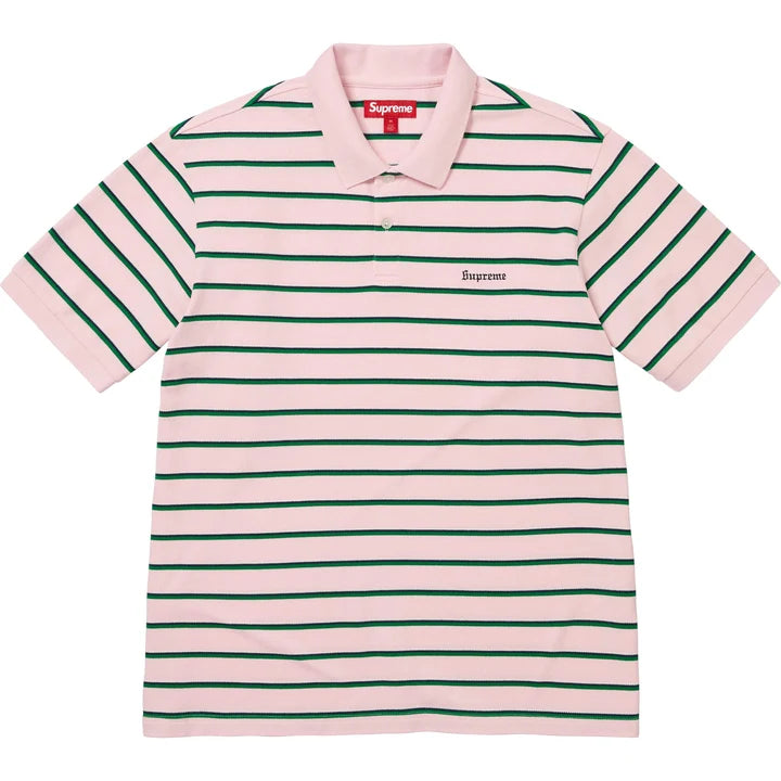 Supreme striped polo in light pink with green and navy stripes, pink collar and small Supreme script on the chest