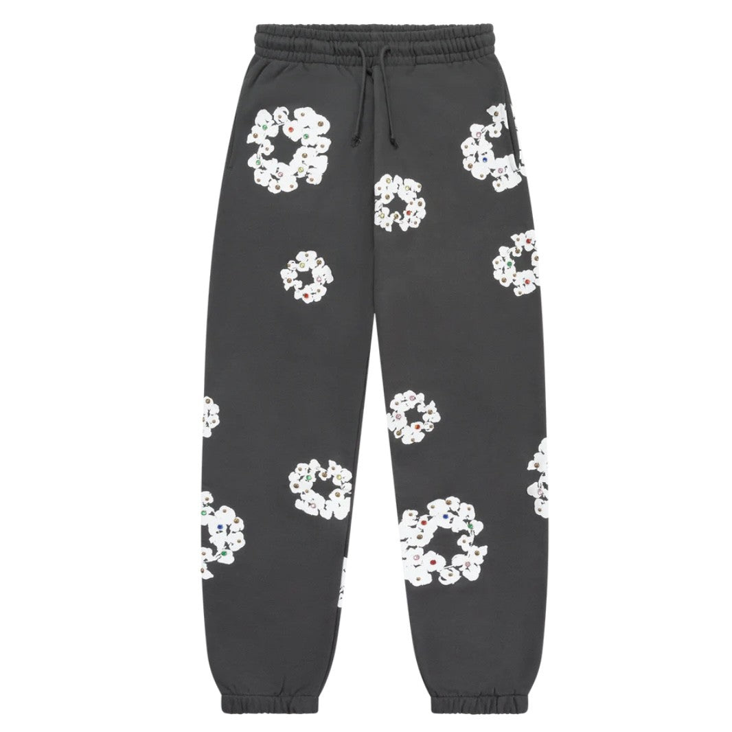 Denim Tears Vintage Black Rhinestone Cotton Wreath Sweatpants Front