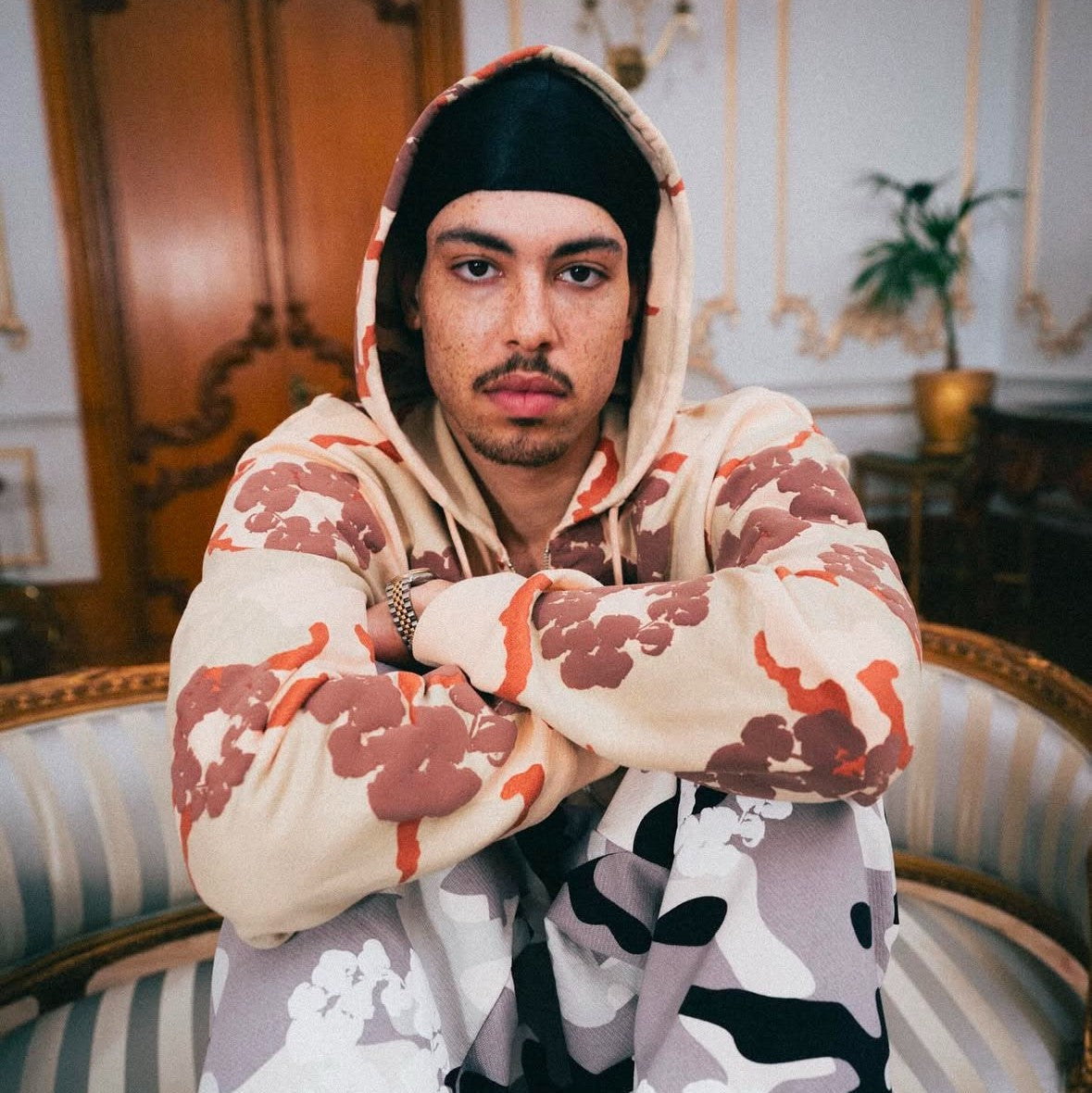 Denim Tears Tan Camo Cotton Wreath Zip Hoodie On Body 3