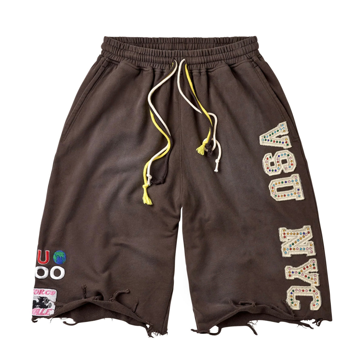 Vale Brown VSU 3/4 Sweats front - brown fleece shorts with rhinestone VSU and NYC varsity letters down the leg