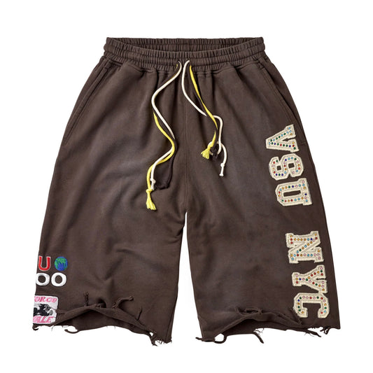 Vale Brown VSU 3/4 Sweats front - brown fleece shorts with rhinestone VSU and NYC varsity letters down the leg