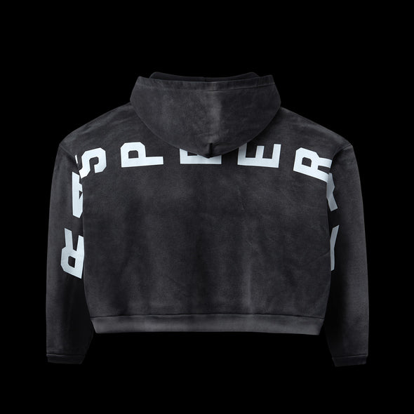 GV Gallery Mateo Hoodie, close-up of the white back lettering and cropped hem