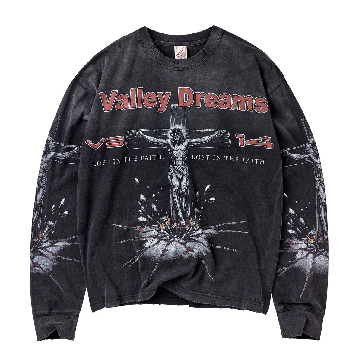 Vale Black Concrete Cross Long Sleeve front view with the Valley Dreams script and crucifixion print