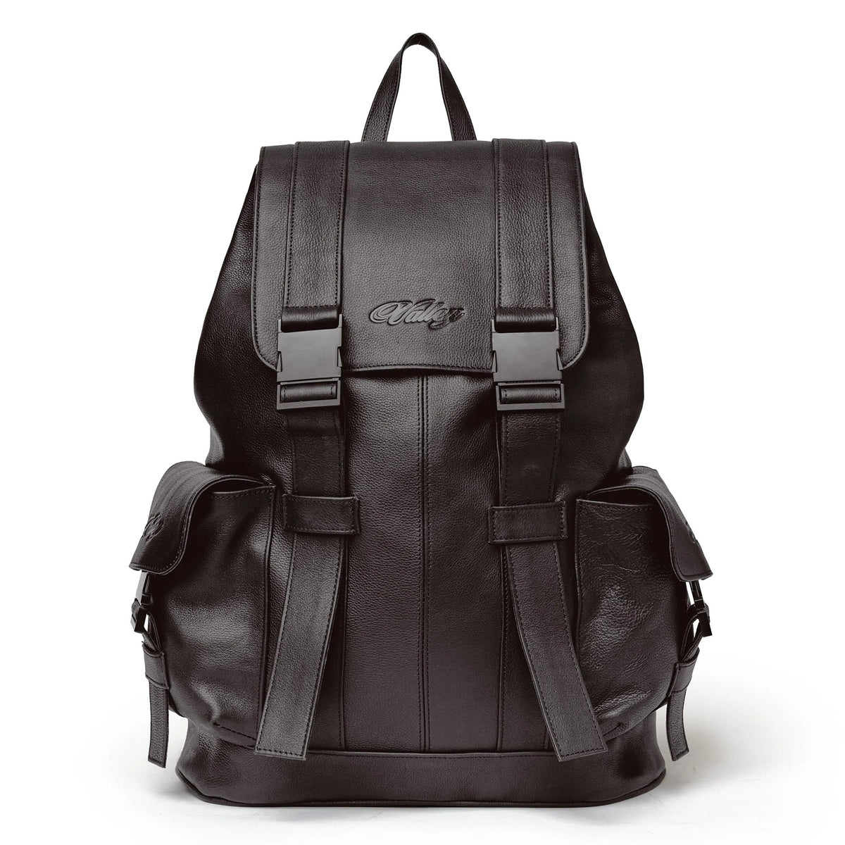 Vale Chocolate Tactician Backpack front view with twin strap closures and flapped side pockets