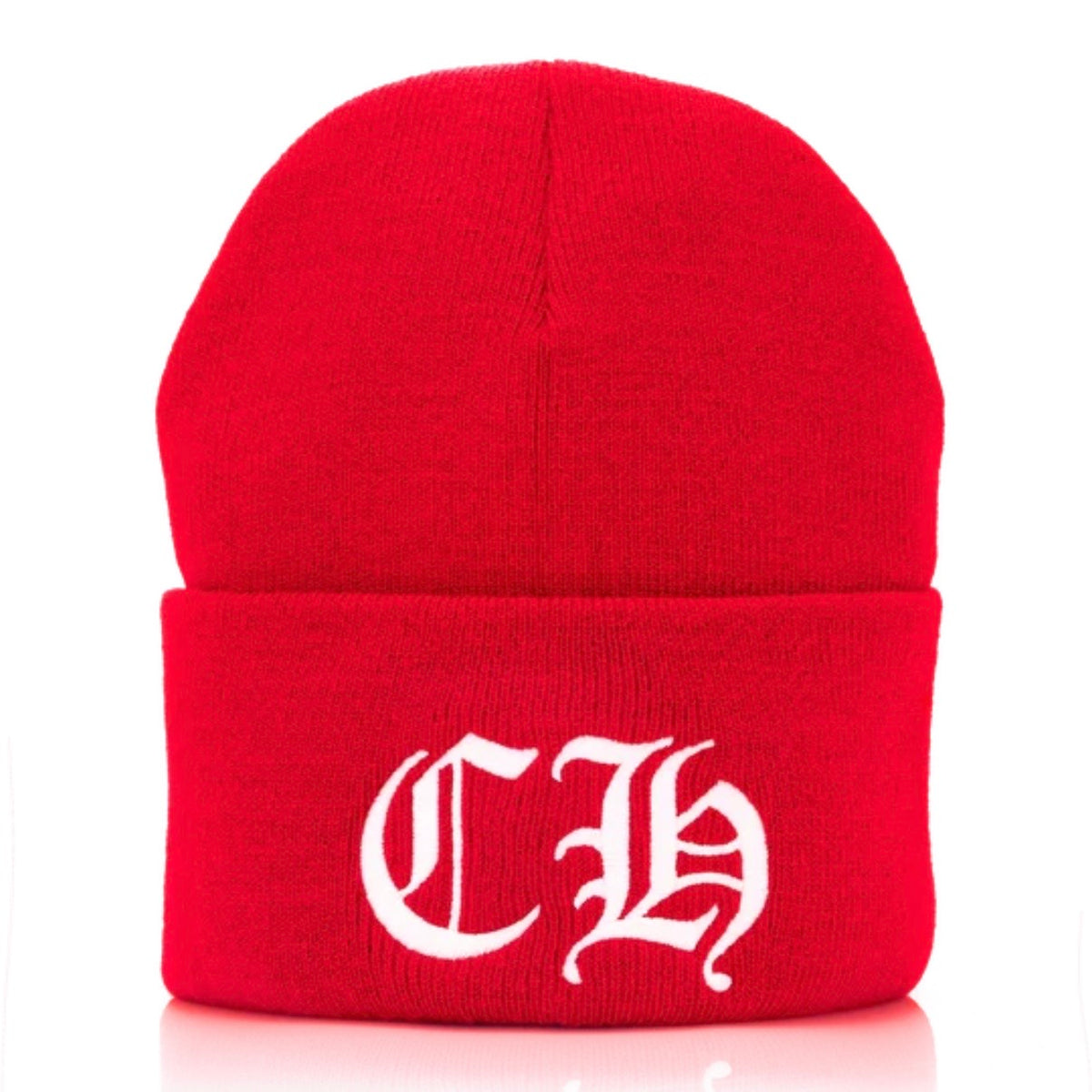 Red ribbed knit cuffed beanie with large white Old English CH monogram on the cuff
