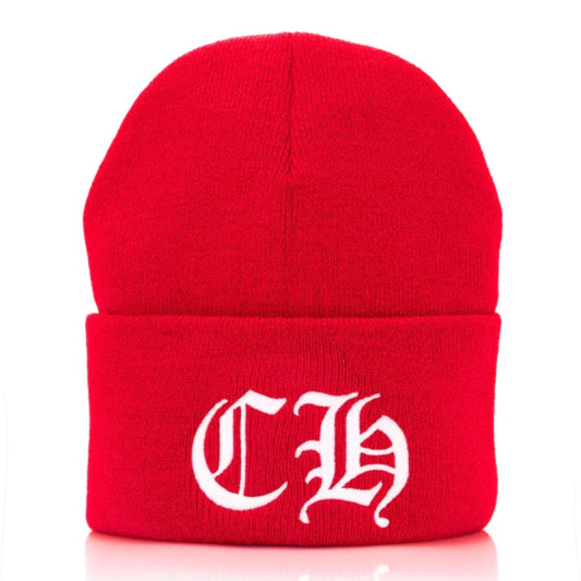 Red ribbed knit cuffed beanie with large white Old English CH monogram on the cuff