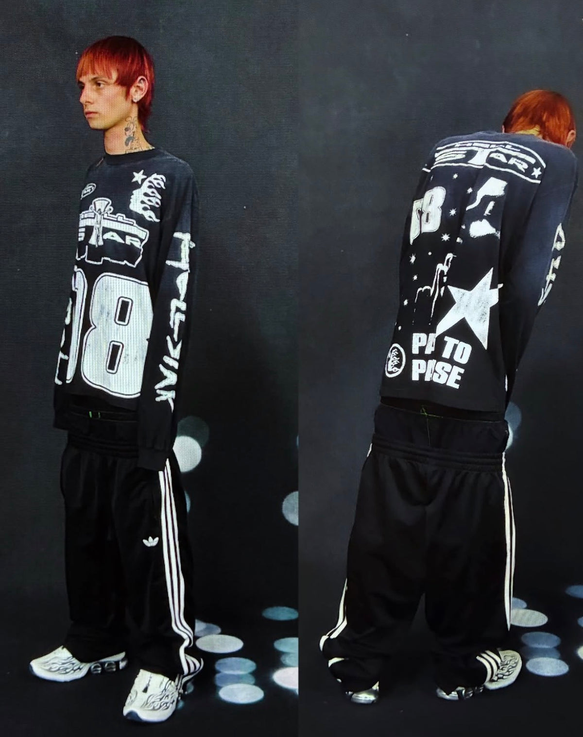 Hellstar Black 08' Long Sleeve shown front and back on a model with black sweatpants
