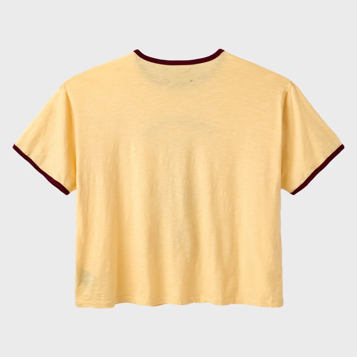 HMDD Stole That T-Shirt, plain back of the yellow tee showing burgundy ringer trim at the collar and sleeve cuffs
