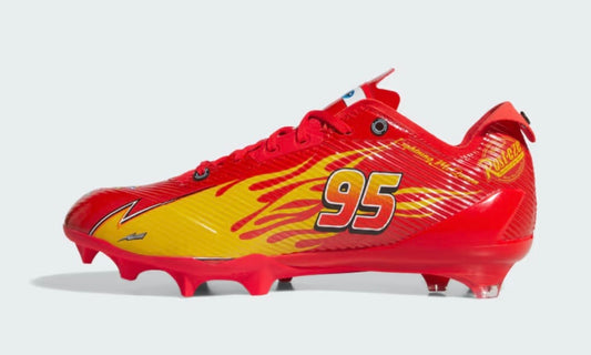Adidas Pixar Cars Adizero Electric II cleats medial profile — red upper with yellow flames, 95 numerals, toe stud