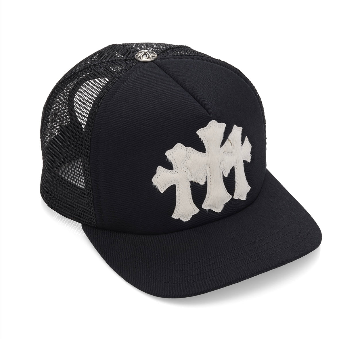 Chrome Hearts Black White Triple Cross Cemetery Calf Hair Trucker Hat