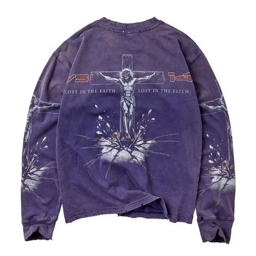 Vale Navy Concrete Cross Long Sleeve back - crucifixion print with VS, 14 and LOST IN THE FAITH lettering