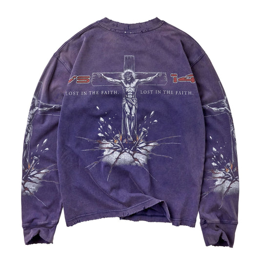 Vale Navy Concrete Cross Long Sleeve back - crucifixion print with VS, 14 and LOST IN THE FAITH lettering