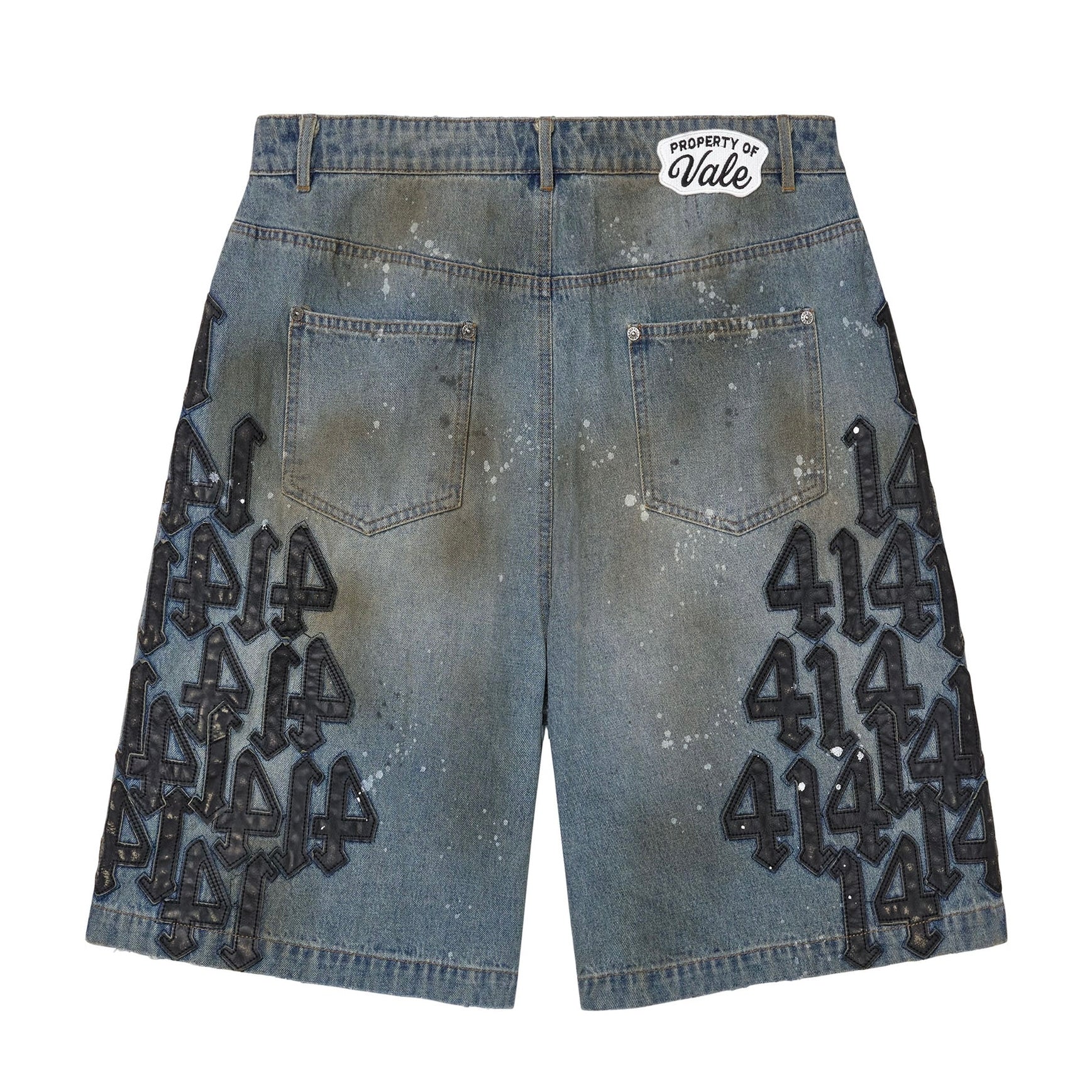 Vale Black Charm Jorts, faded denim jorts with a Vale patch at the waistband, paint splatter and black 414 prints