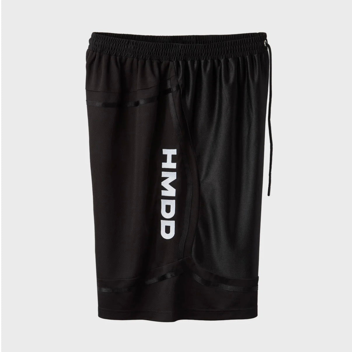 HMDD Black Mixtape Shorts, closer view of the shorts with the vertical white HMDD print and hanging drawcord