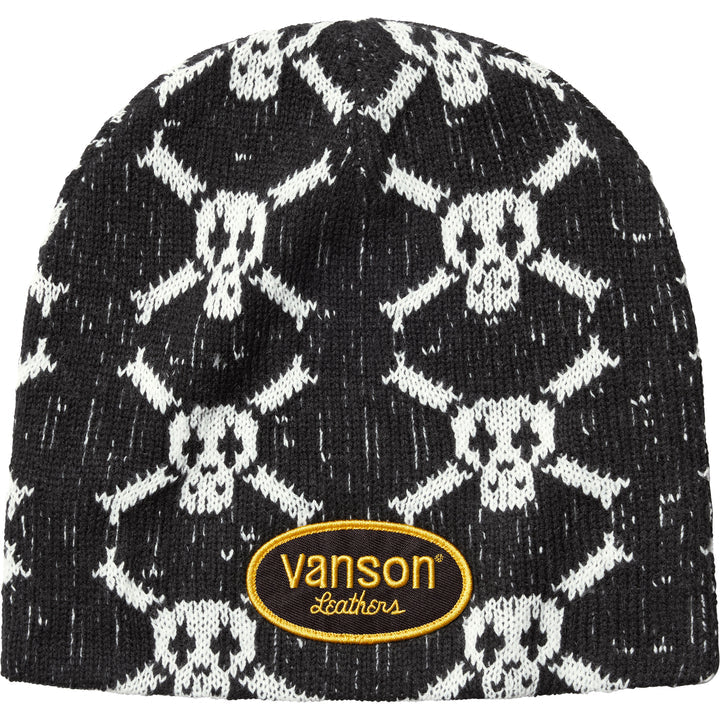 Back of the black Supreme x Vanson skull beanie with an oval Vanson Leathers patch