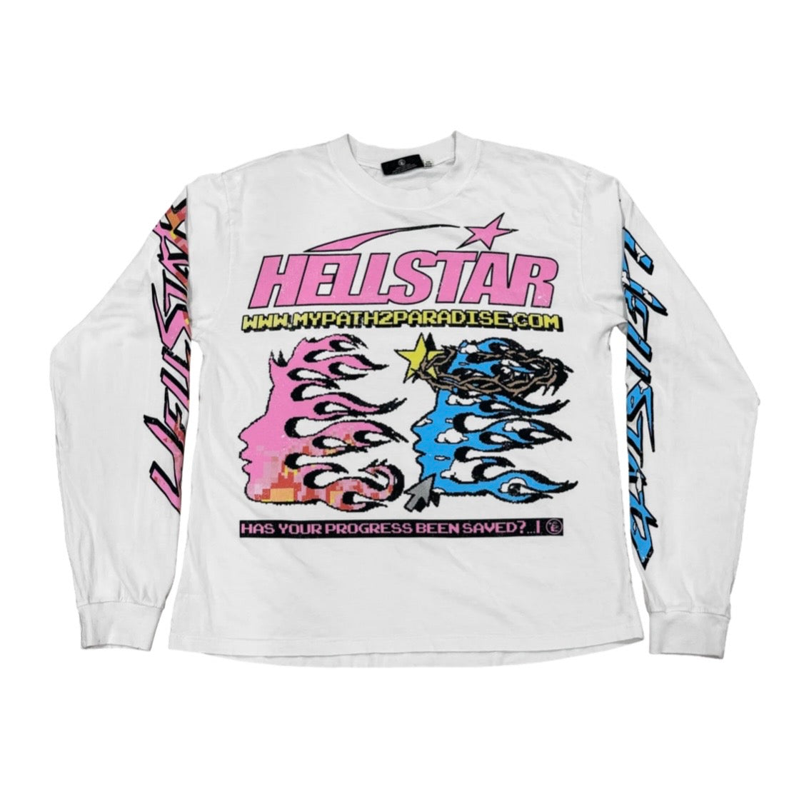 Hellstar White Pixel Long Sleeve front with pink and blue flame faces and a pixel web address
