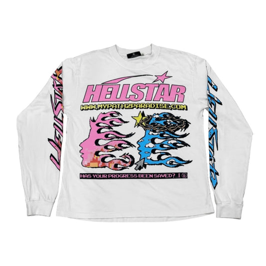 Hellstar White Pixel Long Sleeve front with pink and blue flame faces and a pixel web address