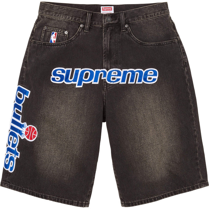 Supreme Mitchell & Ness Bullets Washed Black Baggy Denim Shorts