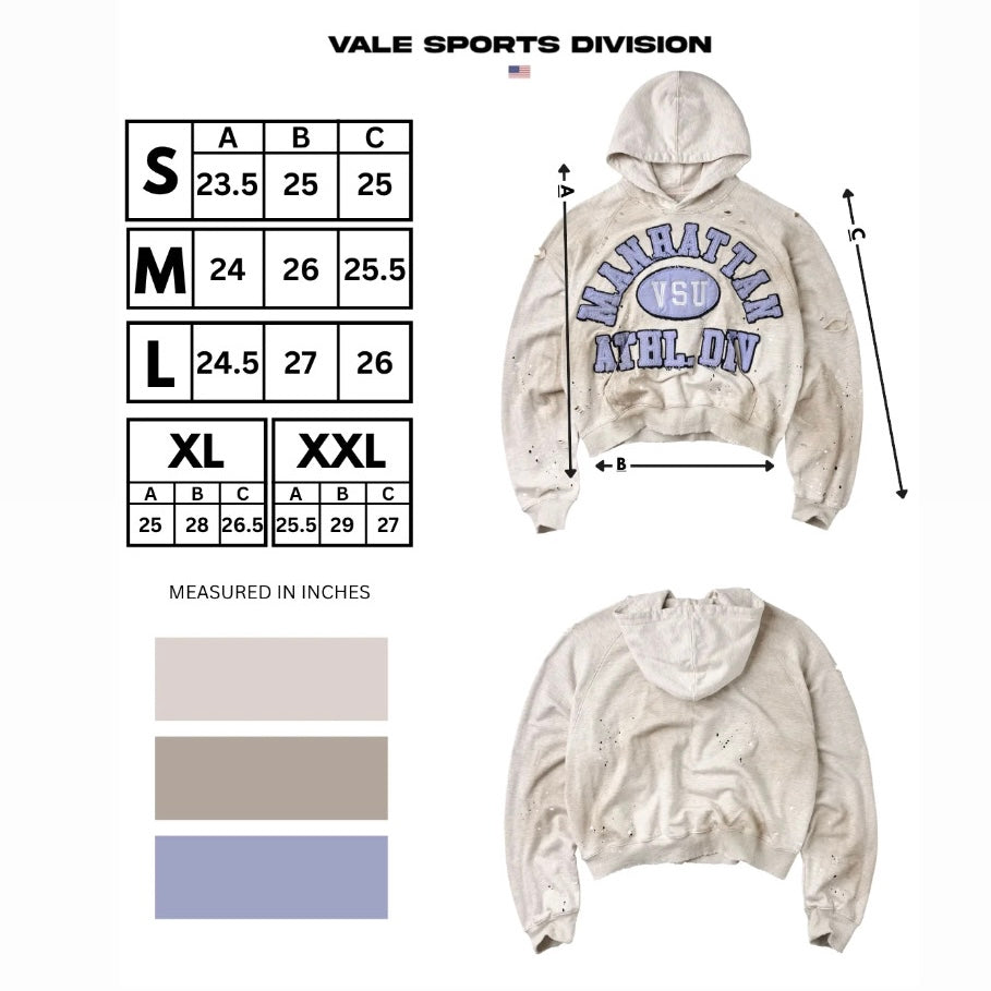 Vale Manhattan VSU Hoodie size chart showing length, width and sleeve columns with colour swatches