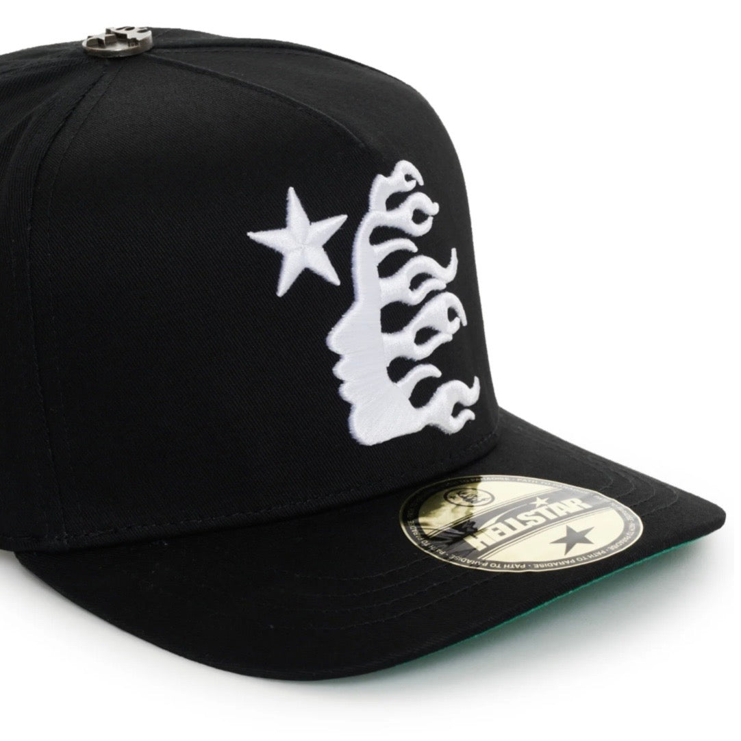Hellstar Black OG Logo Snapback Hat, angled view of the black cap with white star and flame embroidery and green under-brim