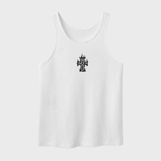 HMDD White Holy Ghost Tank front — white ribbed tank with one small black gothic cross embroidered at the chest