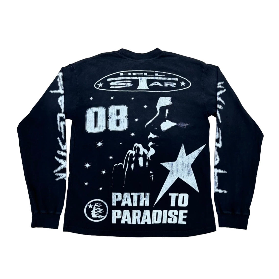 Hellstar Black 08' Long Sleeve back with star graphic and Path To Paradise lettering