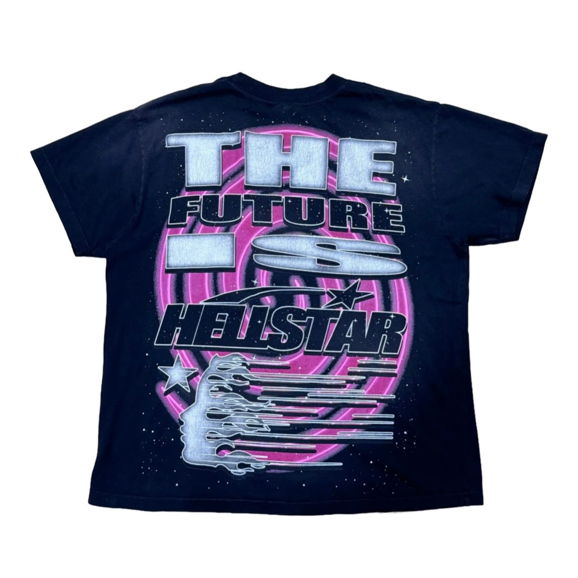 Hellstar Black Goggles Tee back with chrome The Future Is Hellstar text over a pink spiral