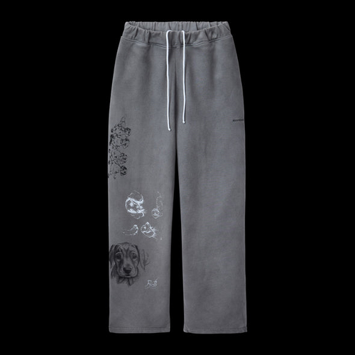 Washed grey wide-leg sweatpants with sketch-style dog artwork printed on one leg