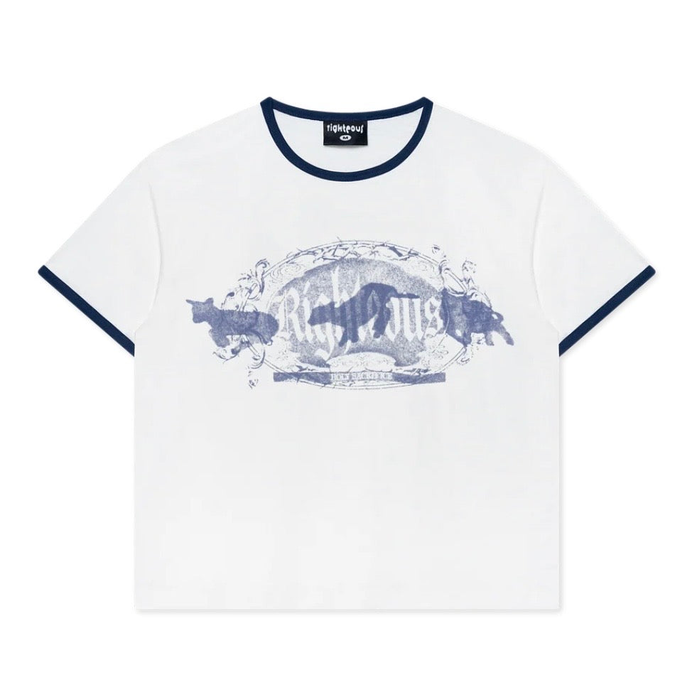 We Are Righteous Holy Sacrifice Ringer Tee front with navy trim and a faded lamb crest chest print