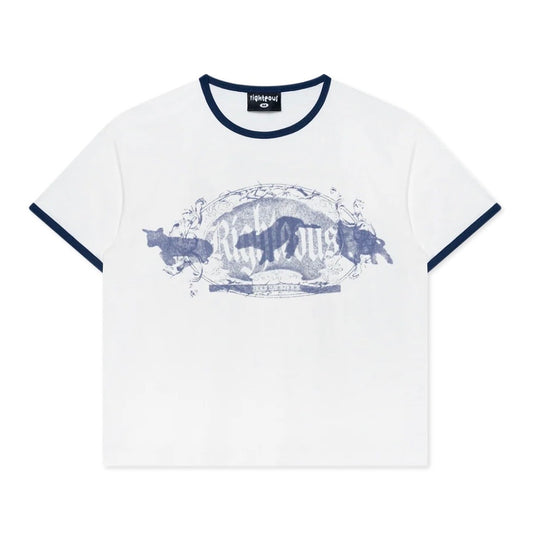 We Are Righteous Holy Sacrifice Ringer Tee front with navy trim and a faded lamb crest chest print