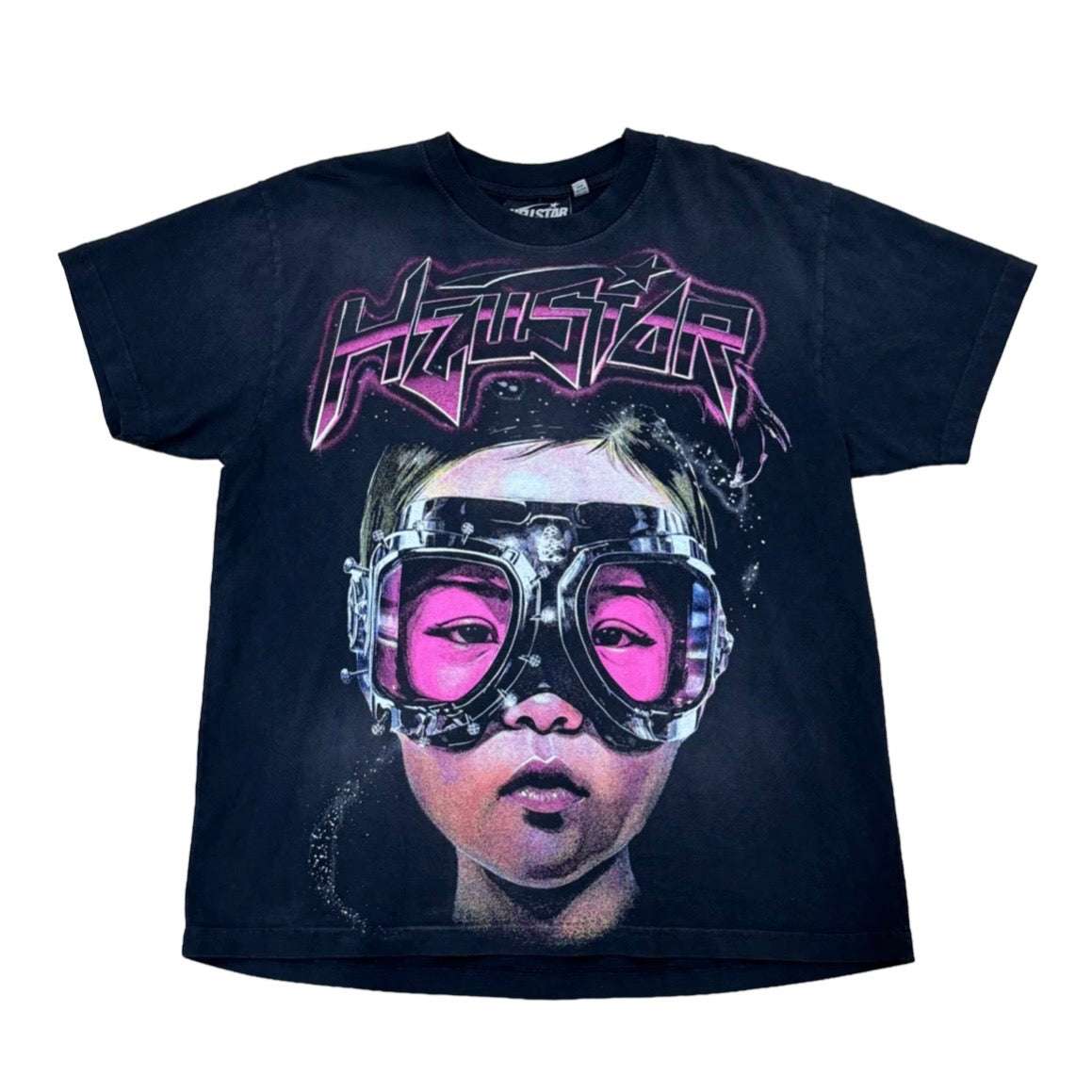 Hellstar Black Future Tee front with a pink graffiti logo over a goggled child portrait