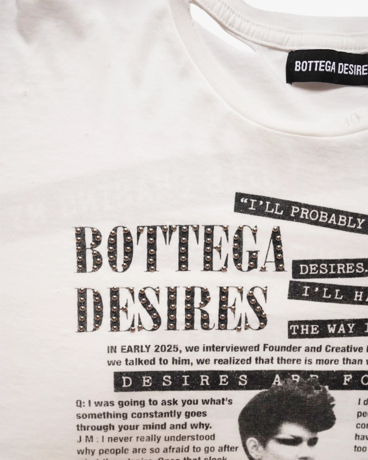 Close-up of the BOTTEGA DESIRES headline and interview text columns on the front