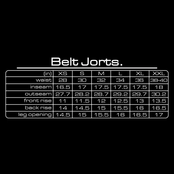 GV Gallery Belt Jorts size chart listing waist, inseam, outseam, rise and leg opening in inches