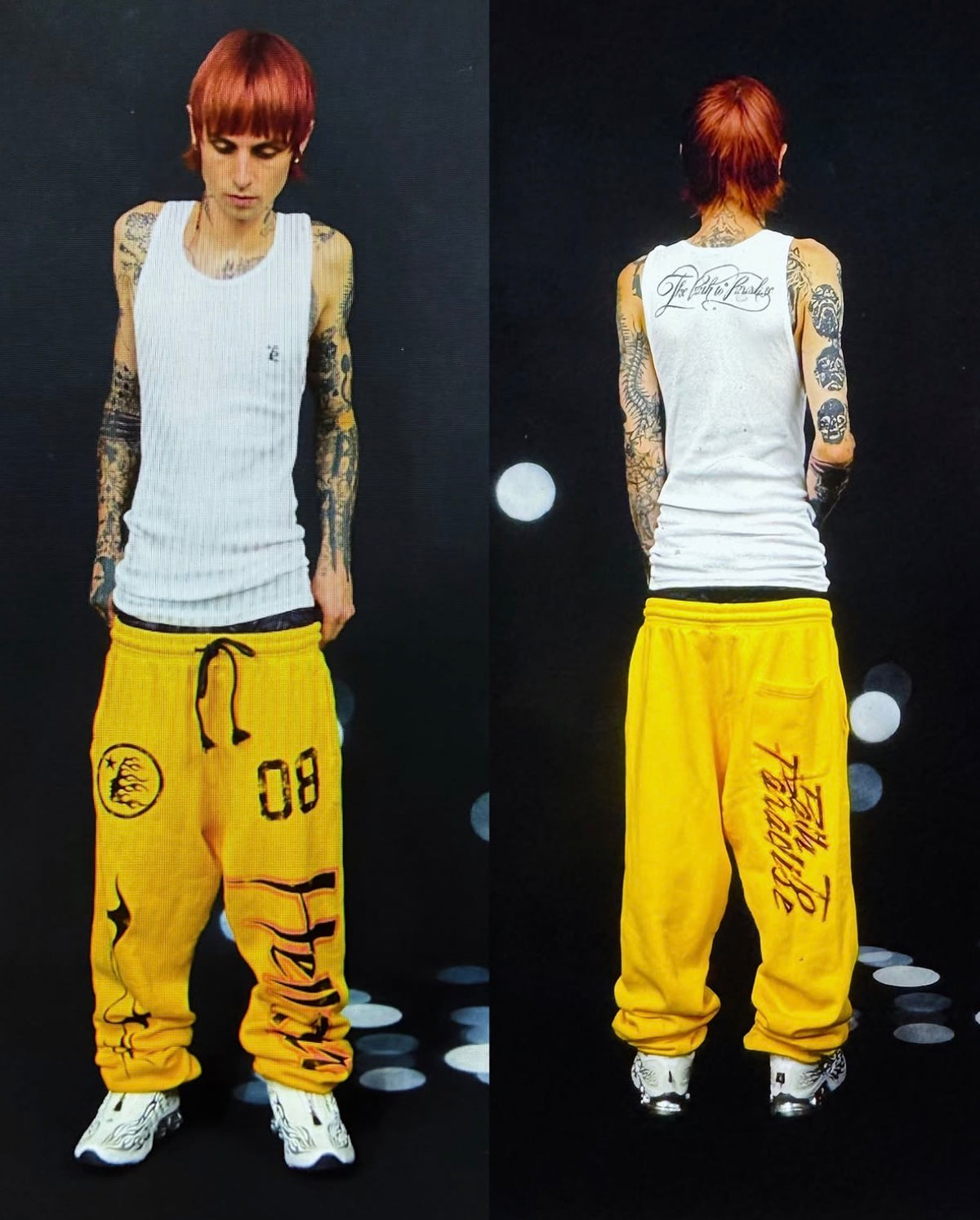 Hellstar Yellow Racer Sweatpants shown front and back with a white ribbed tank
