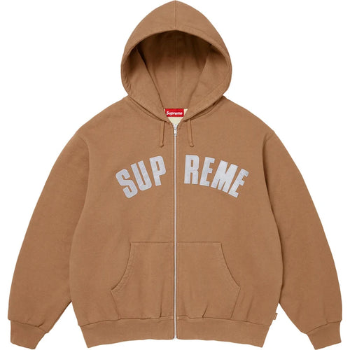 Supreme Arc Thermal zip hoodie in light brown with a grey applique arc SUPREME logo split by the zip, front view