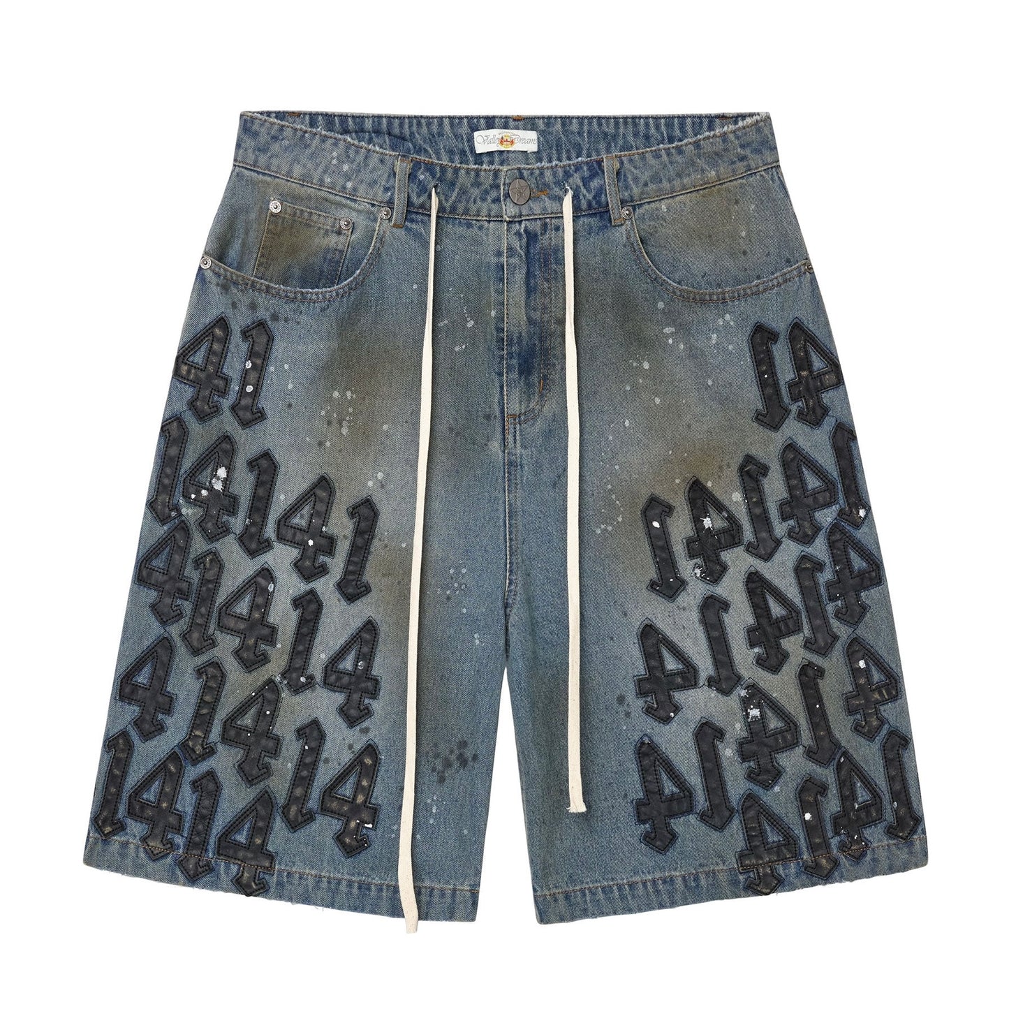 Vale Black Charm Jorts, baggy blue denim jorts with black puffy 414 graffiti prints and a drawcord at the waist