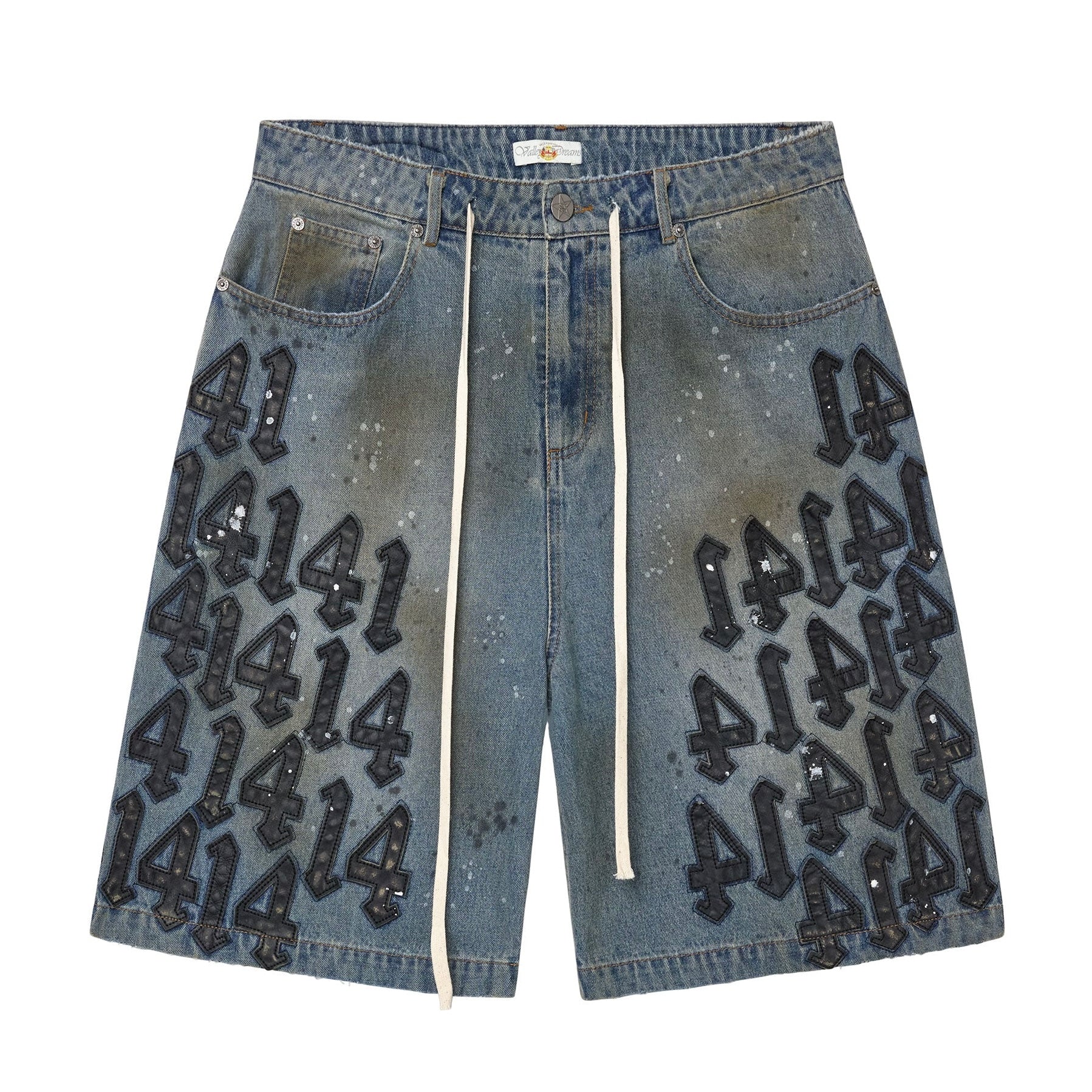 Vale Black Charm Jorts, baggy blue denim jorts with black puffy 414 graffiti prints and a drawcord at the waist