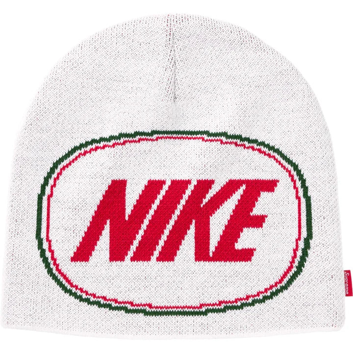 Supreme x Nike Oval beanie in white with a red NIKE logo inside a red and green oval